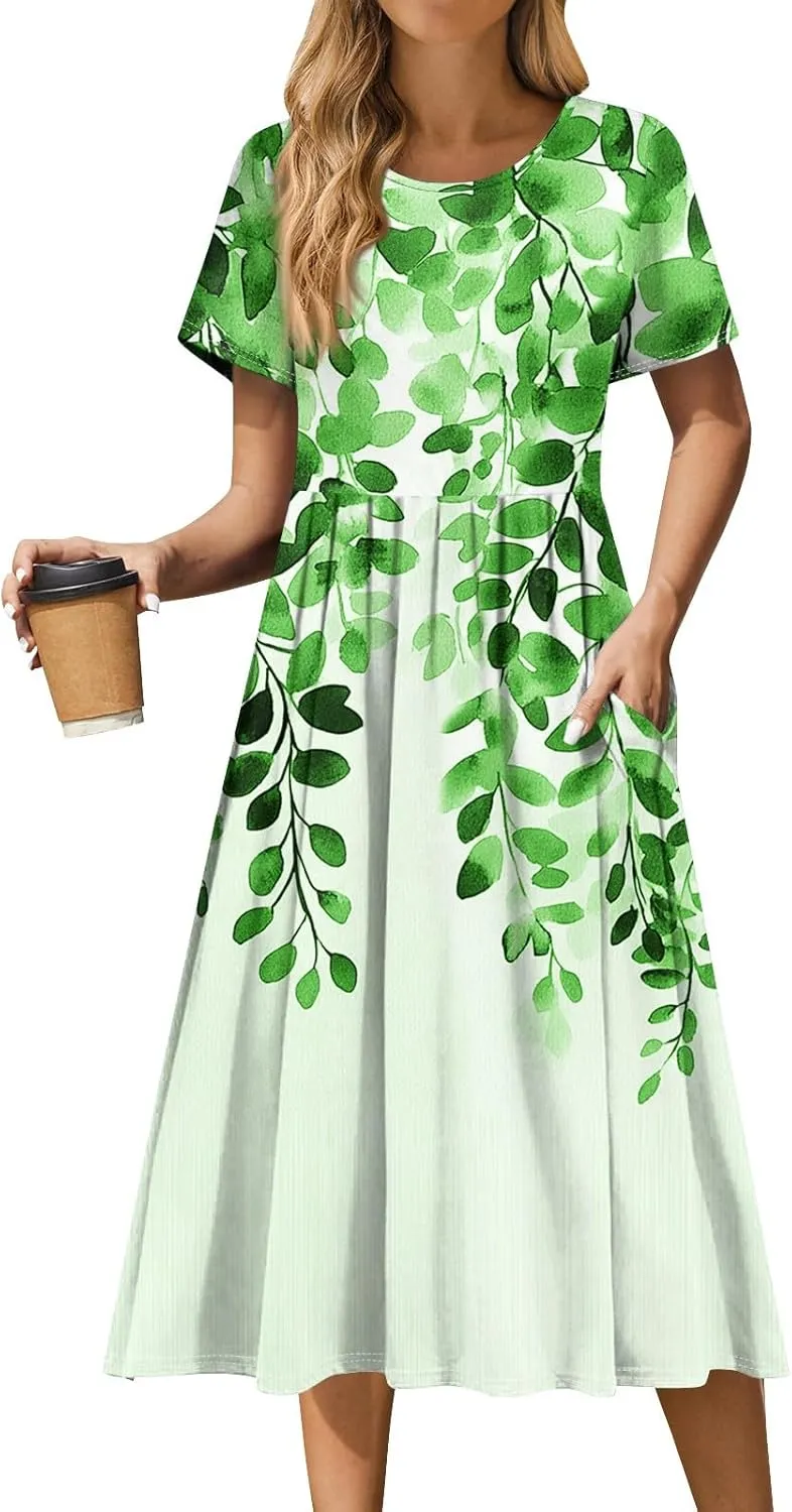 Women's Floral Print Casual Midi Short Sleeve Summer Sundress with Pockets for Beach Party and Daily Wear