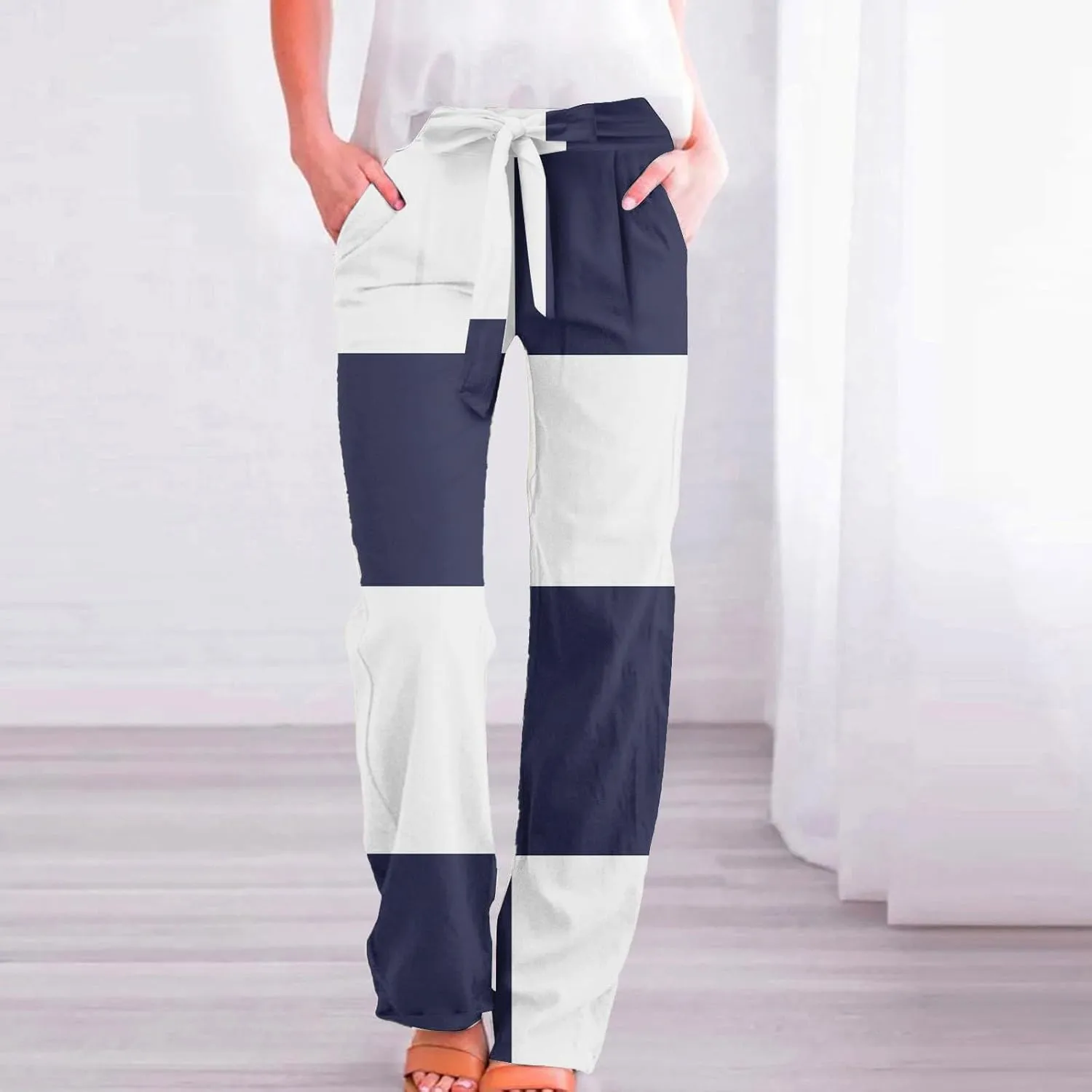 Womens High Waist Casual Linen Pants Drawstring Straight Leg Lounge Plus Size Adjustable Tie Knot Flowy Trousers