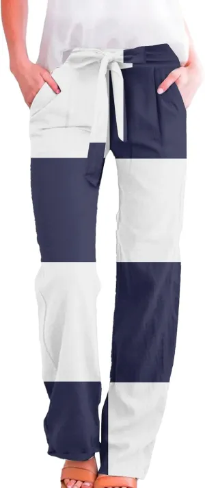 Womens High Waist Casual Linen Pants Drawstring Straight Leg Lounge Plus Size Adjustable Tie Knot Flowy Trousers