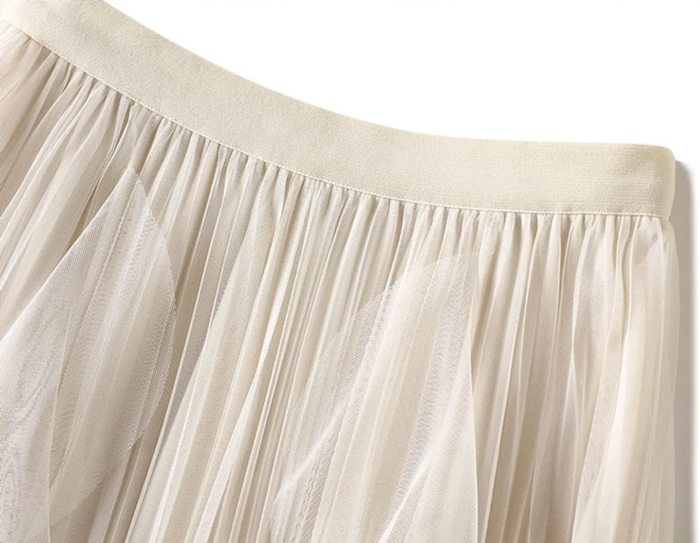 Women's High Waist Elastic Elegant Mesh Tulle Flowy Tea Length Pleated Maxi Skirt