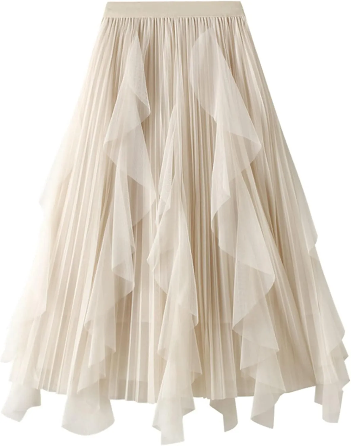 Women's High Waist Elastic Elegant Mesh Tulle Flowy Tea Length Pleated Maxi Skirt