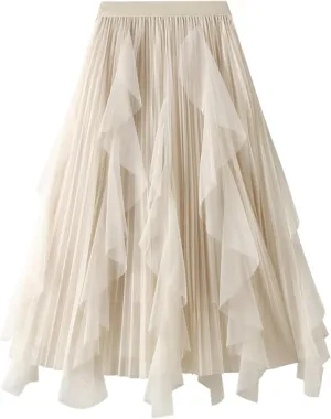 Women's High Waist Elastic Elegant Mesh Tulle Flowy Tea Length Pleated Maxi Skirt