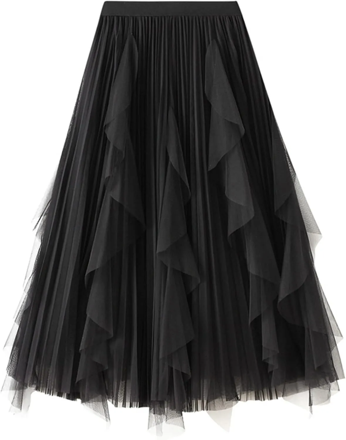 Women's High Waist Elastic Elegant Mesh Tulle Flowy Tea Length Pleated Maxi Skirt