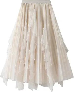 Women's High Waist Elastic Elegant Mesh Tulle Flowy Tea Length Pleated Maxi Skirt