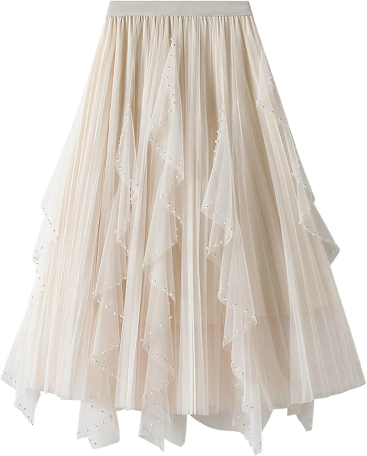 Women's High Waist Elastic Elegant Mesh Tulle Flowy Tea Length Pleated Maxi Skirt
