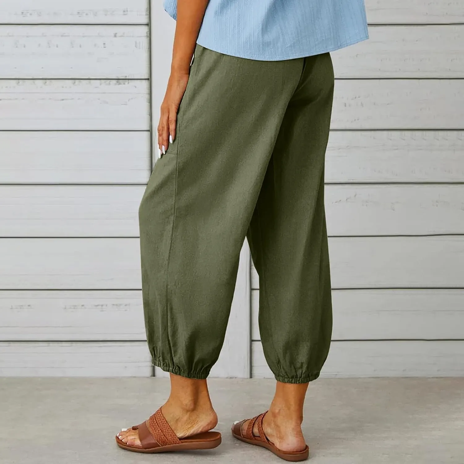 Women's High Waist Style Loose Pants Drawstring Capri Pants with Pockets Wide Leg Ankle Cropped Pants for Women