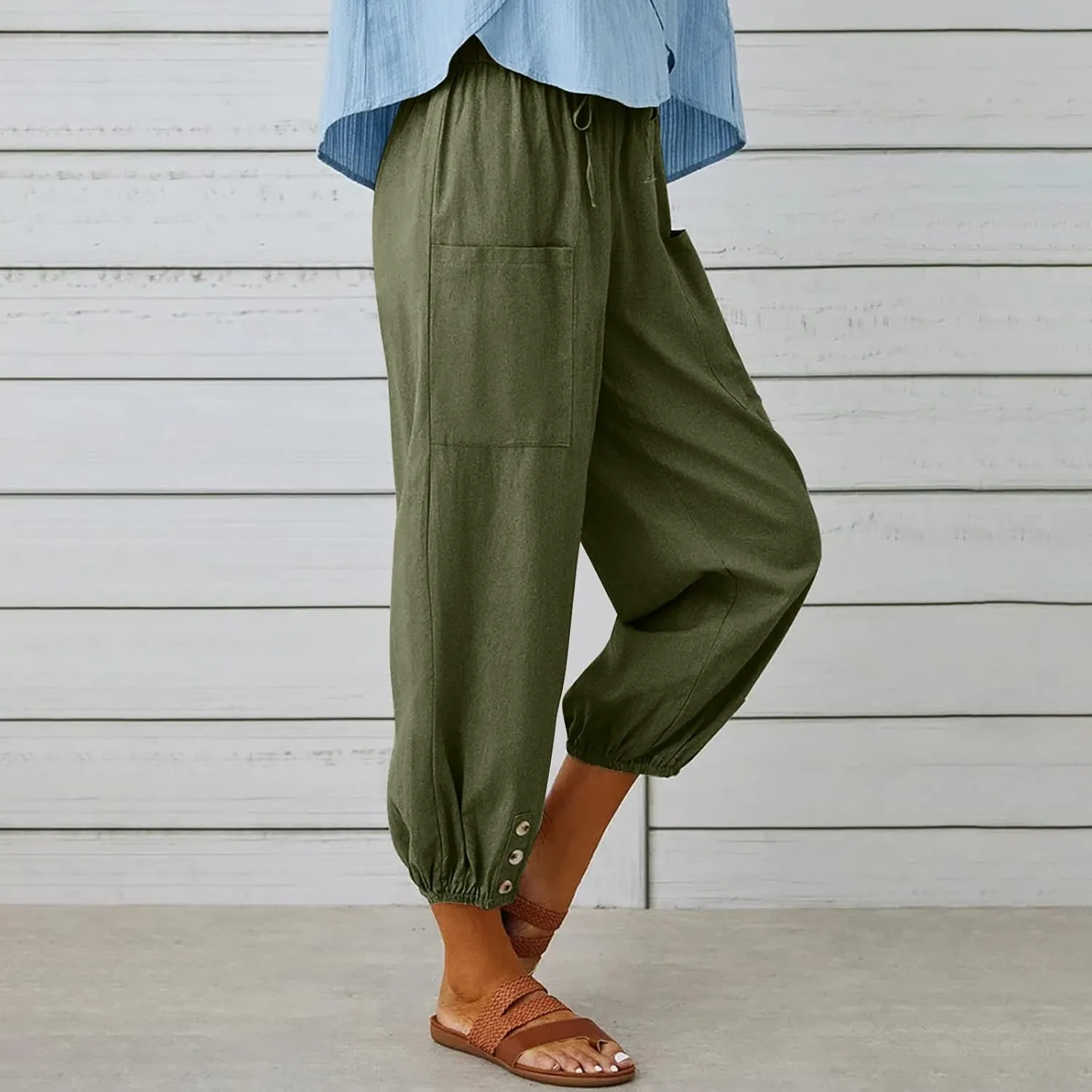 Women's High Waist Style Loose Pants Drawstring Capri Pants with Pockets Wide Leg Ankle Cropped Pants for Women