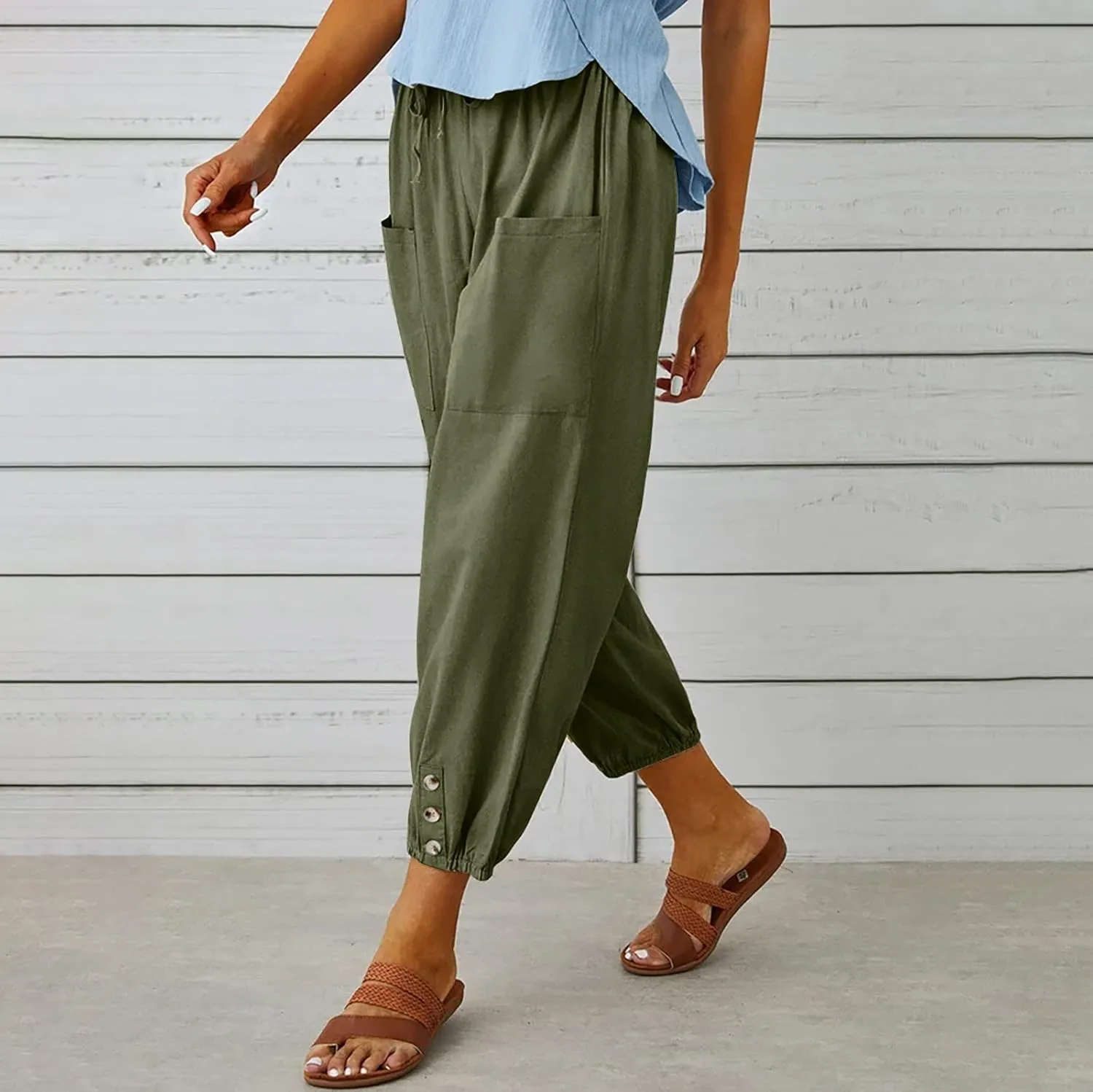 Women's High Waist Style Loose Pants Drawstring Capri Pants with Pockets Wide Leg Ankle Cropped Pants for Women