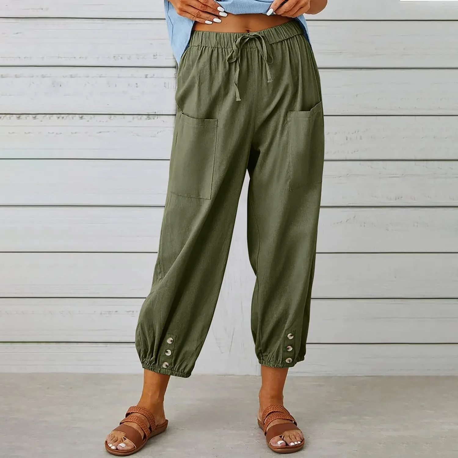 Women's High Waist Style Loose Pants Drawstring Capri Pants with Pockets Wide Leg Ankle Cropped Pants for Women