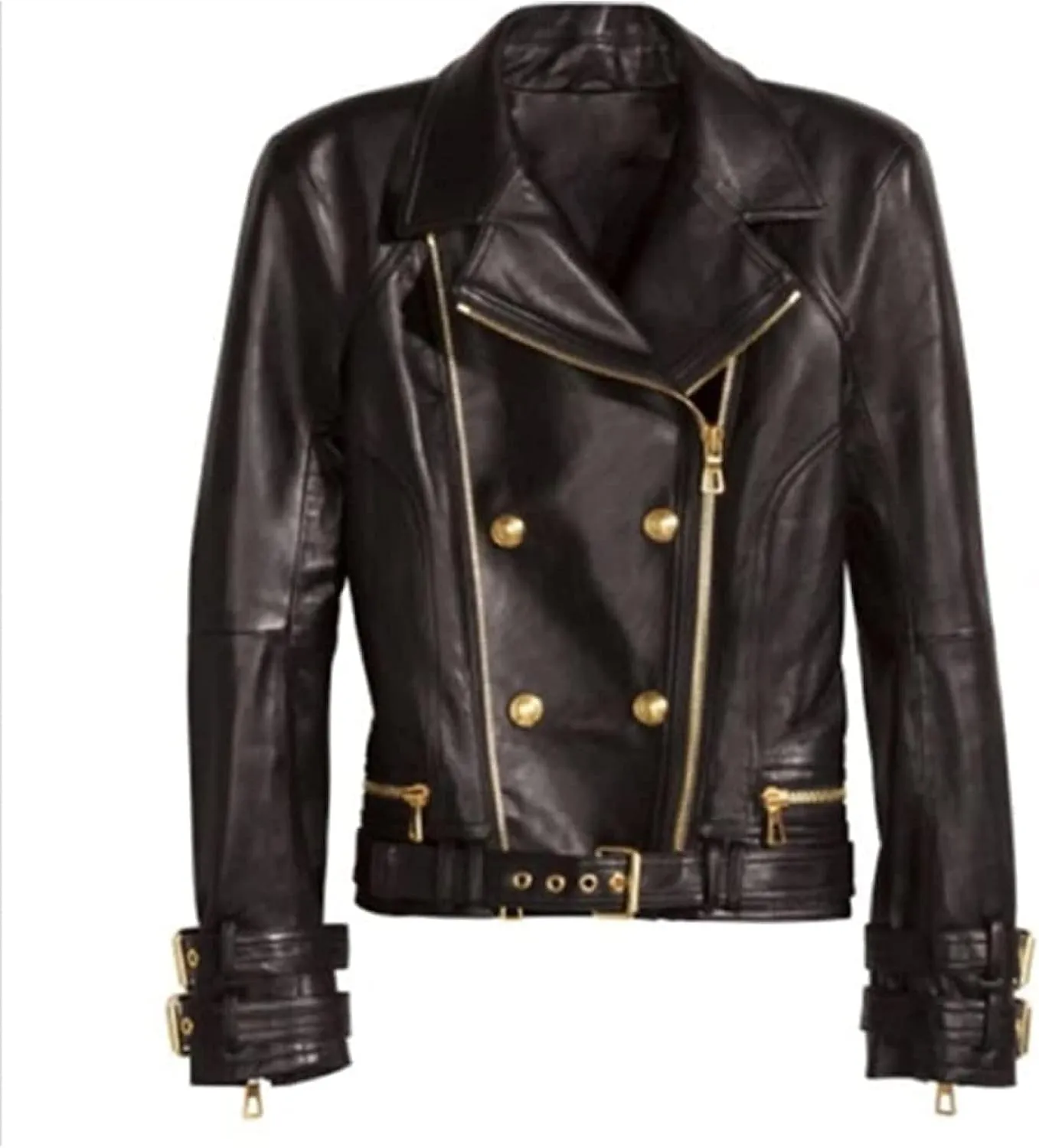 Womens Lambskin Leather Jacket Stylish Brando Style Biker Racer Motorcycle Asymmetrical Black Real Leather Jacket