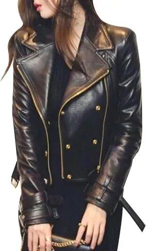 Womens Lambskin Leather Jacket Stylish Brando Style Biker Racer Motorcycle Asymmetrical Black Real Leather Jacket