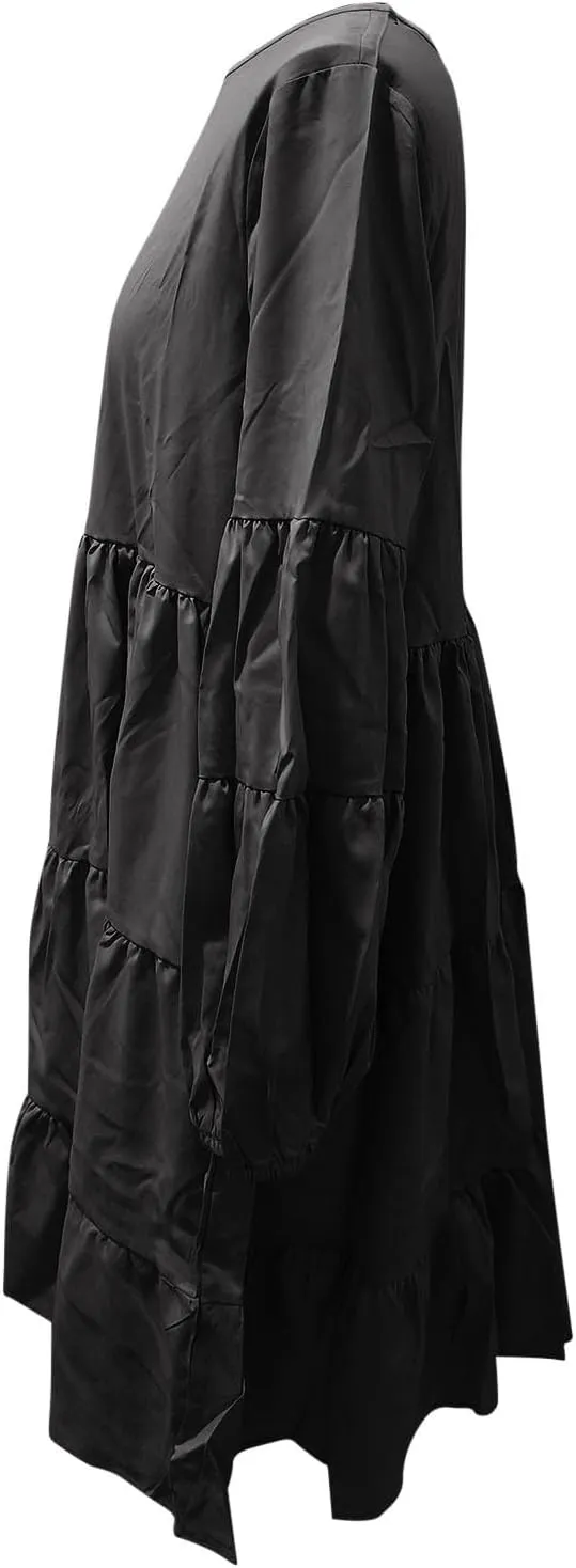 Women's Lantern Long Sleeve Ruffle Round Neck Tiered Mini Babydoll Dress Casual Loose Flowy Swing Tunic Dresses 2024