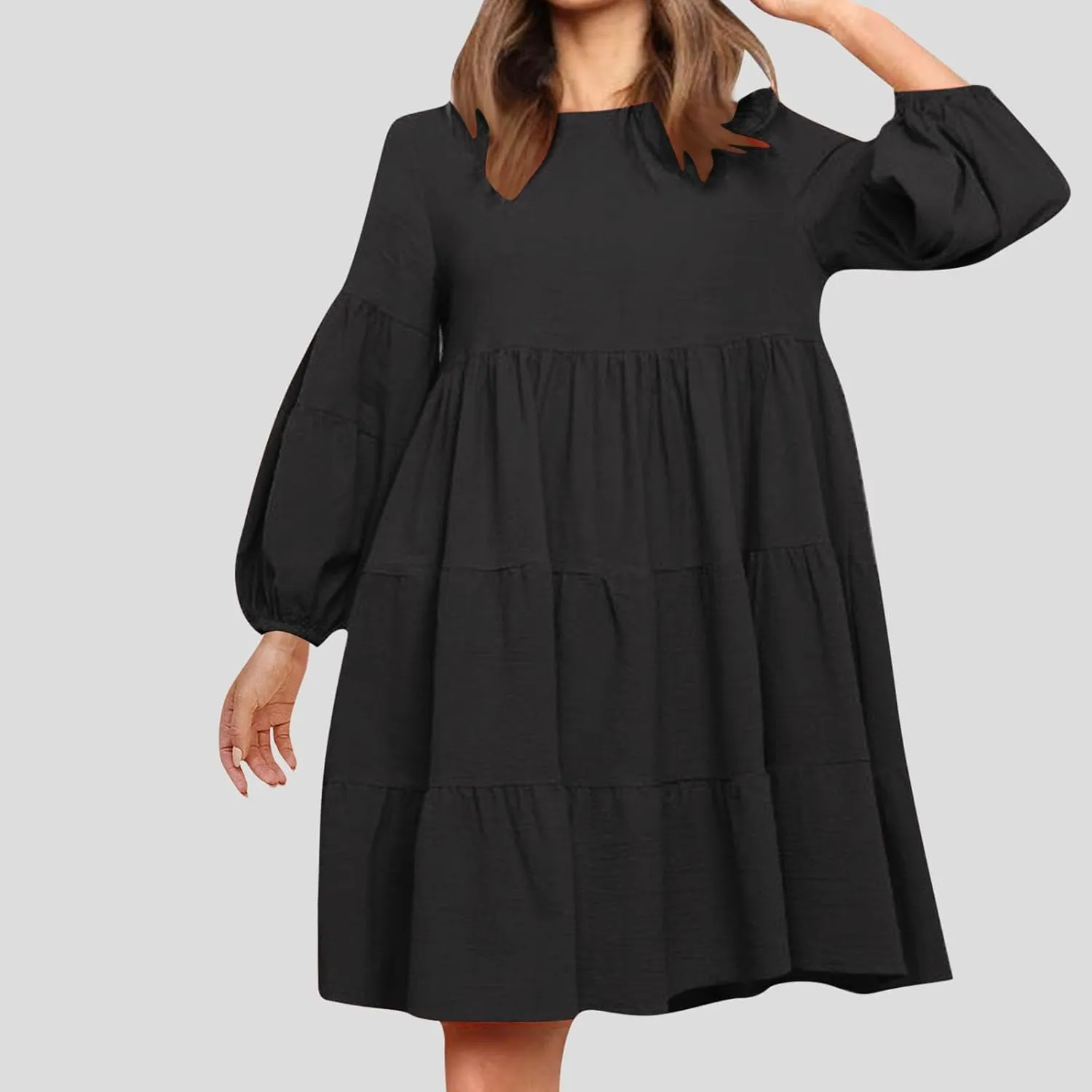 Women's Lantern Long Sleeve Ruffle Round Neck Tiered Mini Babydoll Dress Casual Loose Flowy Swing Tunic Dresses 2024