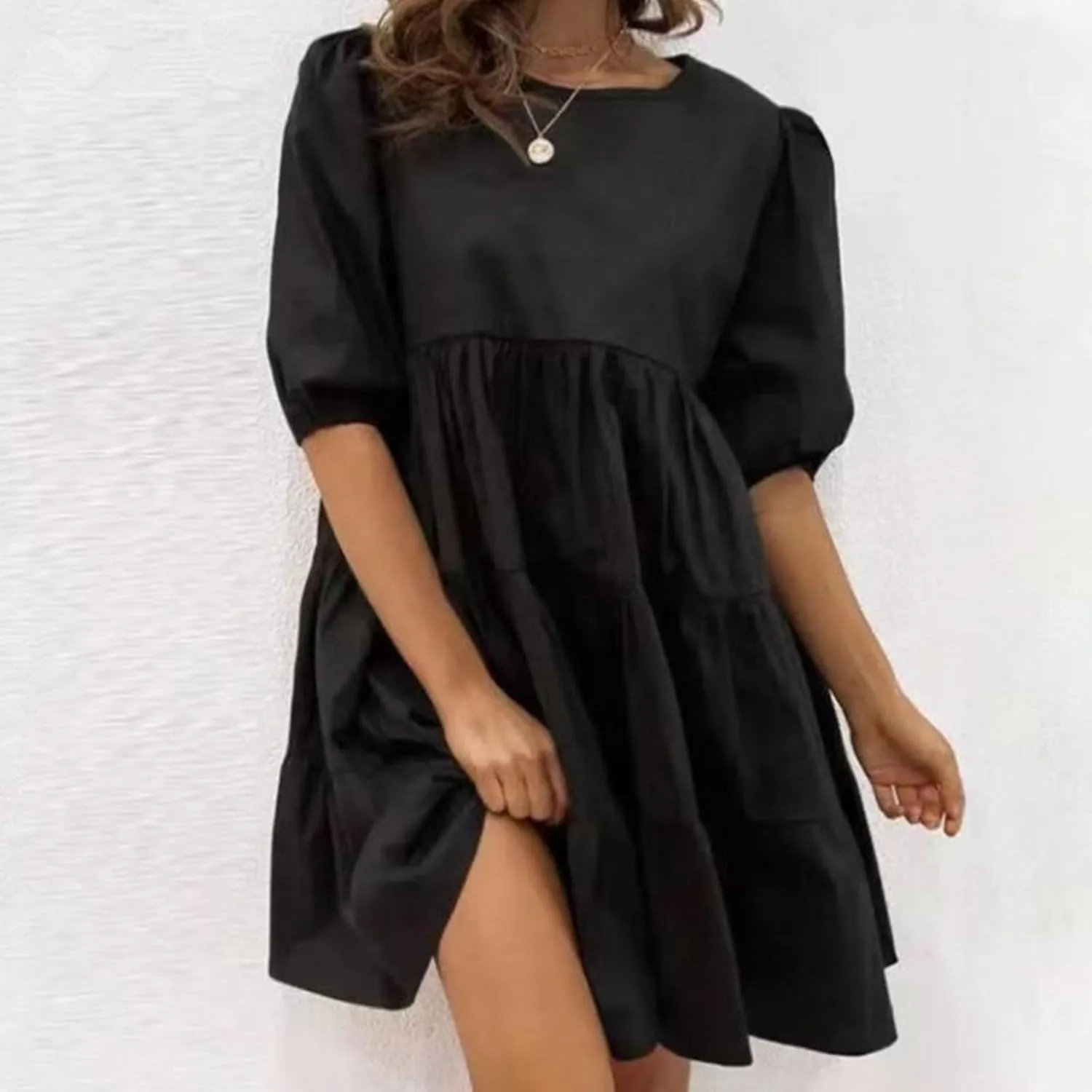 Women's Lantern Long Sleeve Ruffle Round Neck Tiered Mini Babydoll Dress Casual Loose Flowy Swing Tunic Dresses 2024