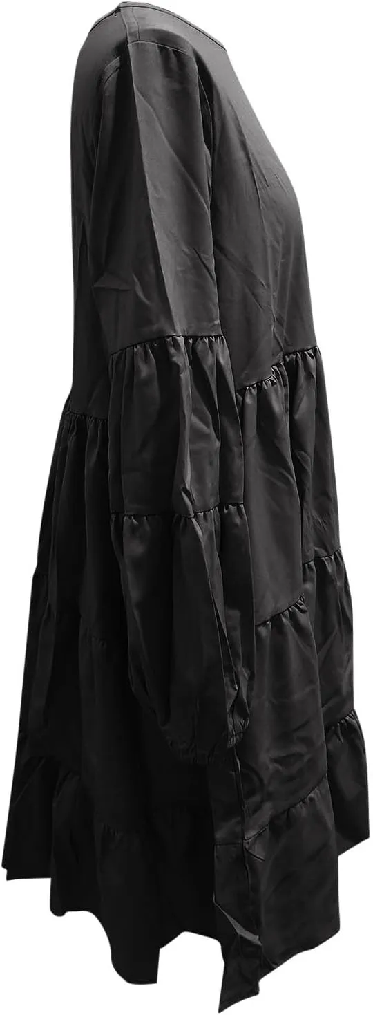 Women's Lantern Long Sleeve Ruffle Round Neck Tiered Mini Babydoll Dress Casual Loose Flowy Swing Tunic Dresses 2024