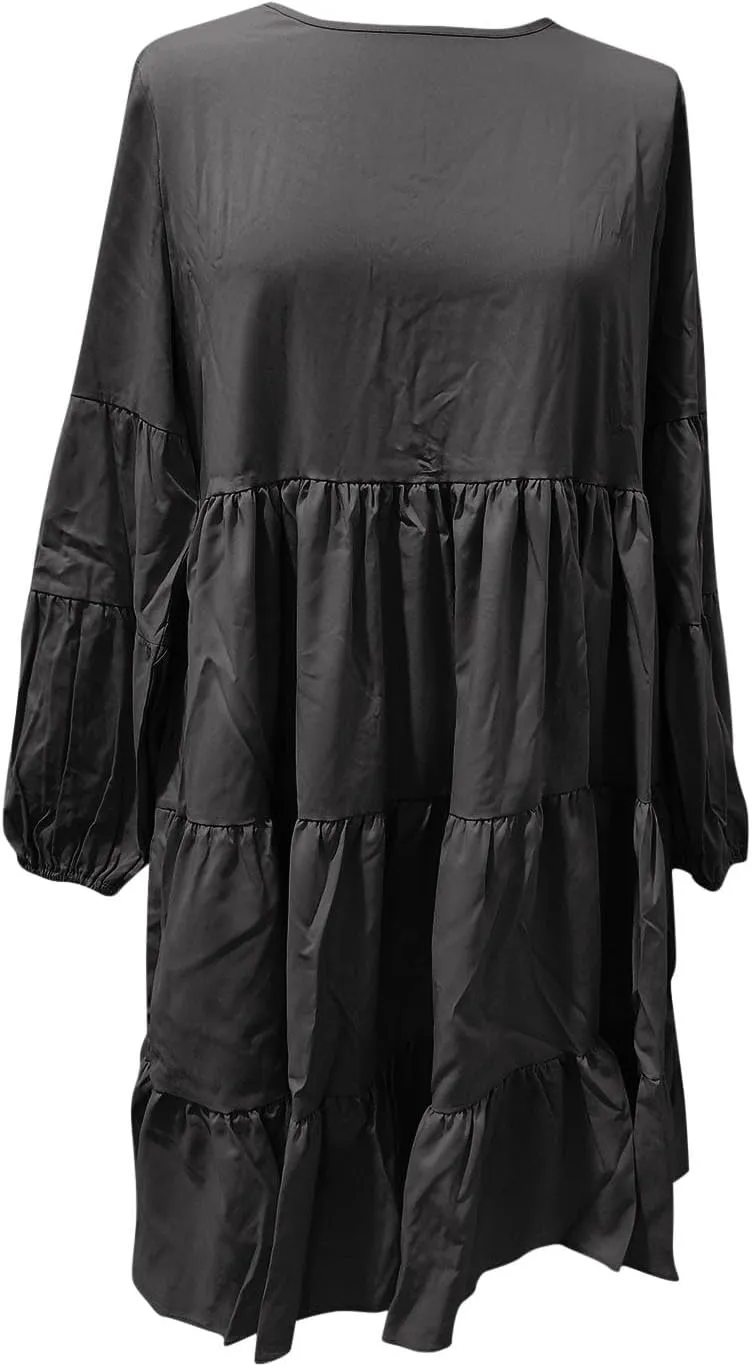 Women's Lantern Long Sleeve Ruffle Round Neck Tiered Mini Babydoll Dress Casual Loose Flowy Swing Tunic Dresses 2024