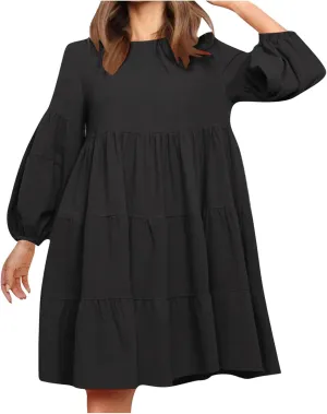 Women's Lantern Long Sleeve Ruffle Round Neck Tiered Mini Babydoll Dress Casual Loose Flowy Swing Tunic Dresses 2024