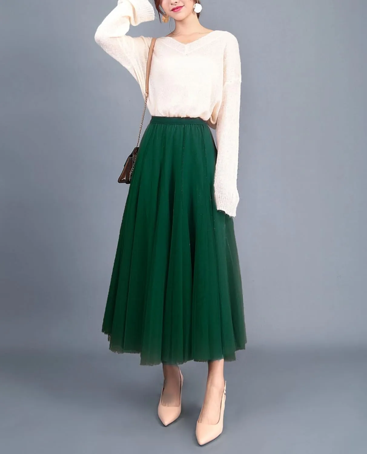 Women's Layered Maxi Skirt, Elastic Waist A Line Tutu Tulle Skirt Pleated Petticoat