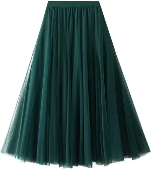 Women's Layered Maxi Skirt, Elastic Waist A Line Tutu Tulle Skirt Pleated Petticoat
