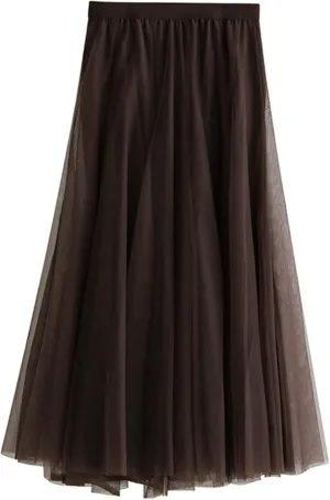 Women's Layered Maxi Skirt, Elastic Waist A Line Tutu Tulle Skirt Pleated Petticoat