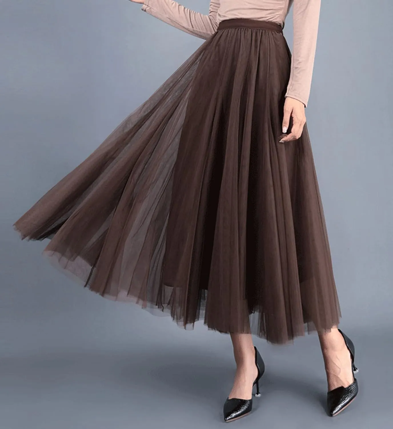 Women's Layered Maxi Skirt, Elastic Waist A Line Tutu Tulle Skirt Pleated Petticoat