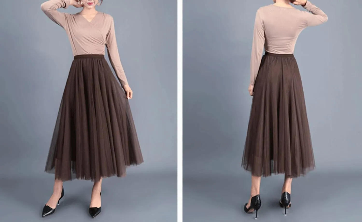 Women's Layered Maxi Skirt, Elastic Waist A Line Tutu Tulle Skirt Pleated Petticoat