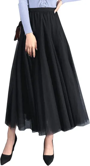Women's Layered Maxi Skirt, Elastic Waist A Line Tutu Tulle Skirt Pleated Petticoat
