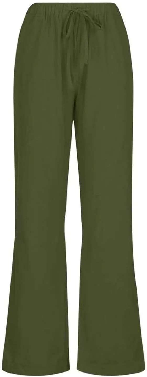 Womens Linen Blend Summer Cropped Pant Trousers Elastic Waisted Ankle Length Slim Fit Trousers Vacation