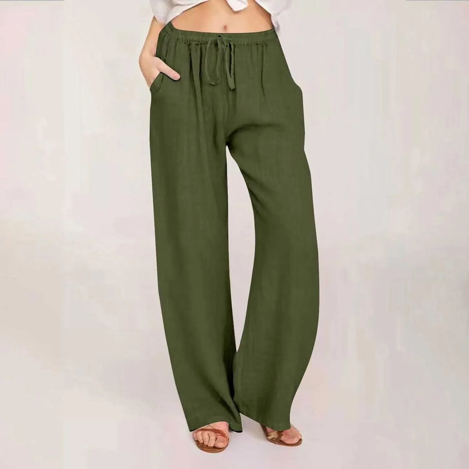 Womens Linen Blend Summer Cropped Pant Trousers Elastic Waisted Ankle Length Slim Fit Trousers Vacation