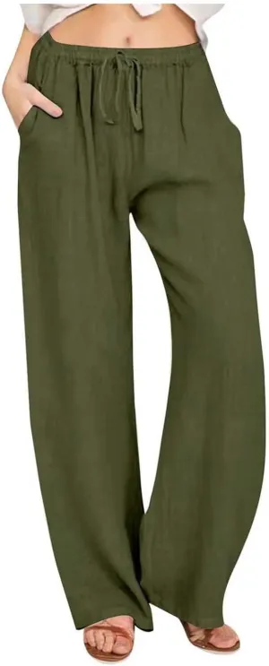 Womens Linen Blend Summer Cropped Pant Trousers Elastic Waisted Ankle Length Slim Fit Trousers Vacation