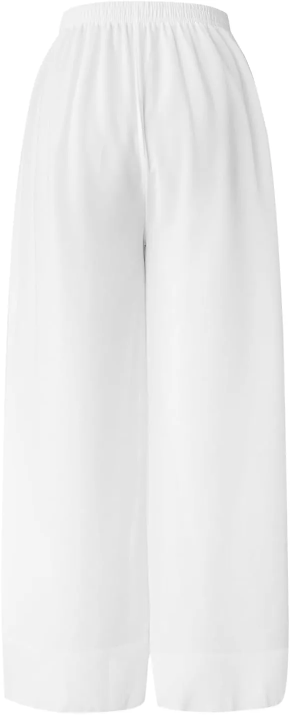 Women's Linen Blend Summer Floral Pants Low Waist Wide Leg Plus Size Pant Trousers Travel