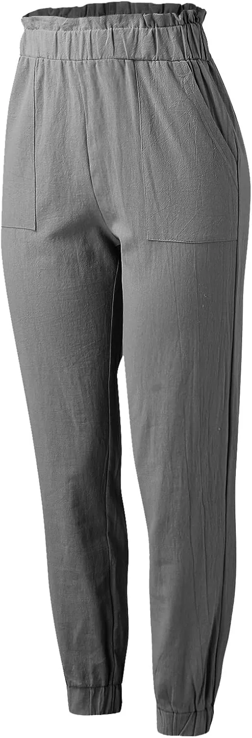 Women's Linen Blend Summer Flowy Pants Low Waist Stretchy Straight Slim Fit Palazzo Pants Work Business