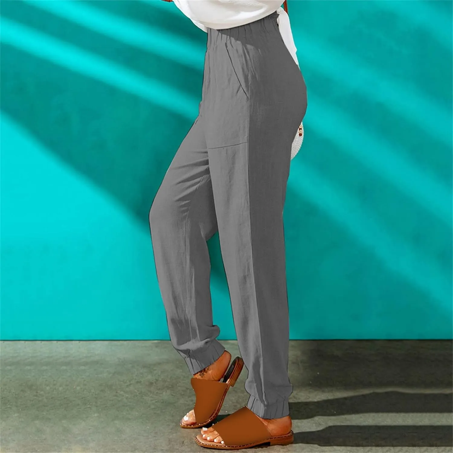 Women's Linen Blend Summer Flowy Pants Low Waist Stretchy Straight Slim Fit Palazzo Pants Work Business
