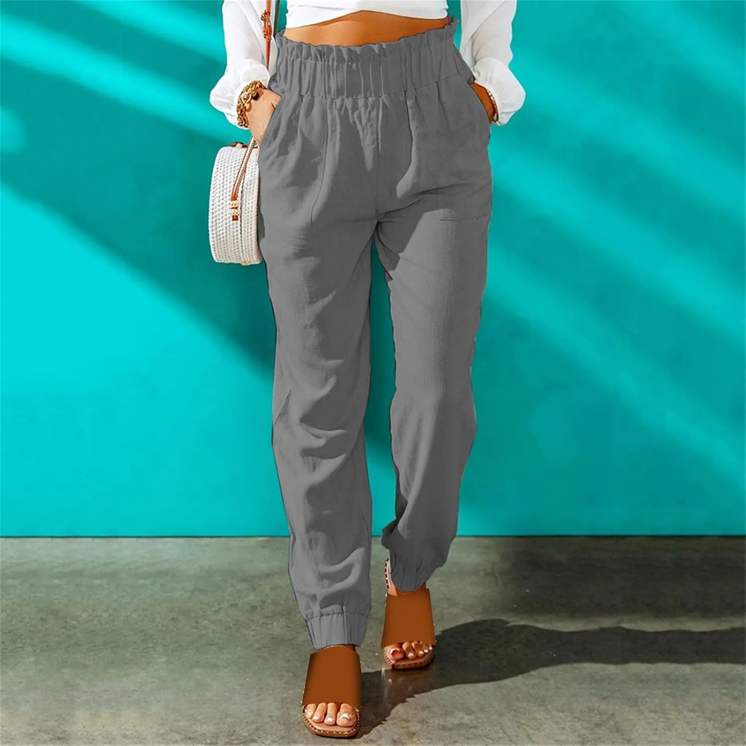 Women's Linen Blend Summer Flowy Pants Low Waist Stretchy Straight Slim Fit Palazzo Pants Work Business