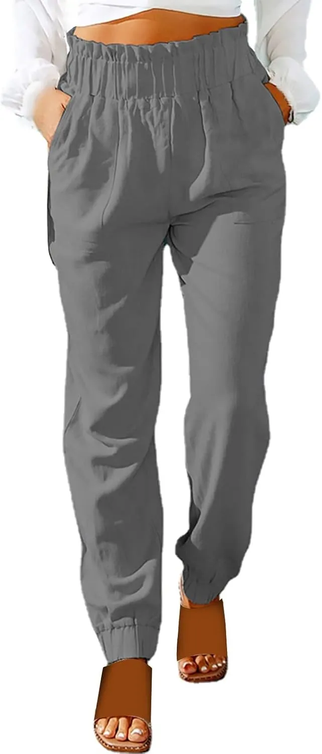 Women's Linen Blend Summer Flowy Pants Low Waist Stretchy Straight Slim Fit Palazzo Pants Work Business