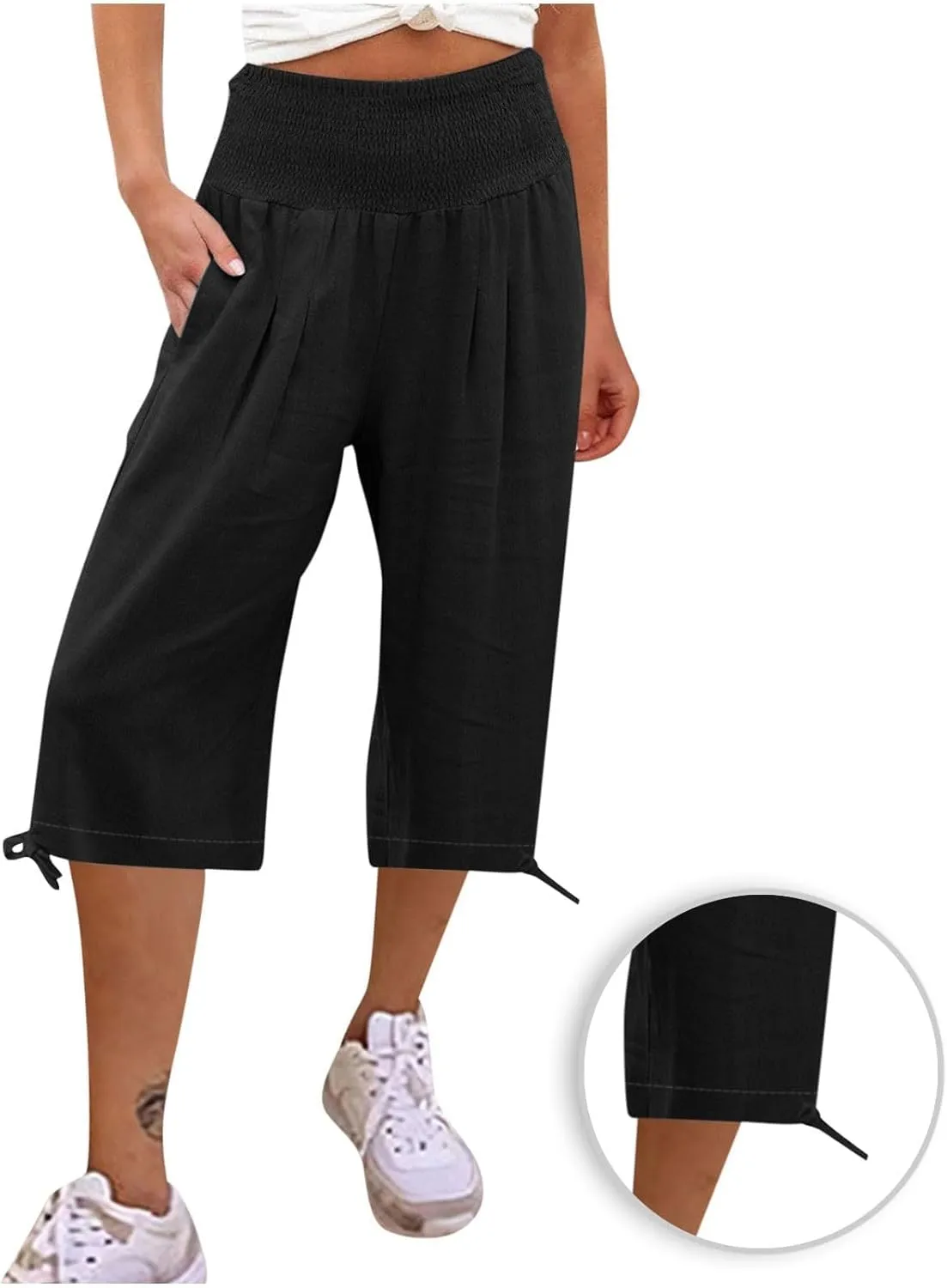 Women's Linen Palazzo Capris Loose 2025 Wide Leg Elastic High Waisted Straight Leg Pant Pocketed Flared Trousers