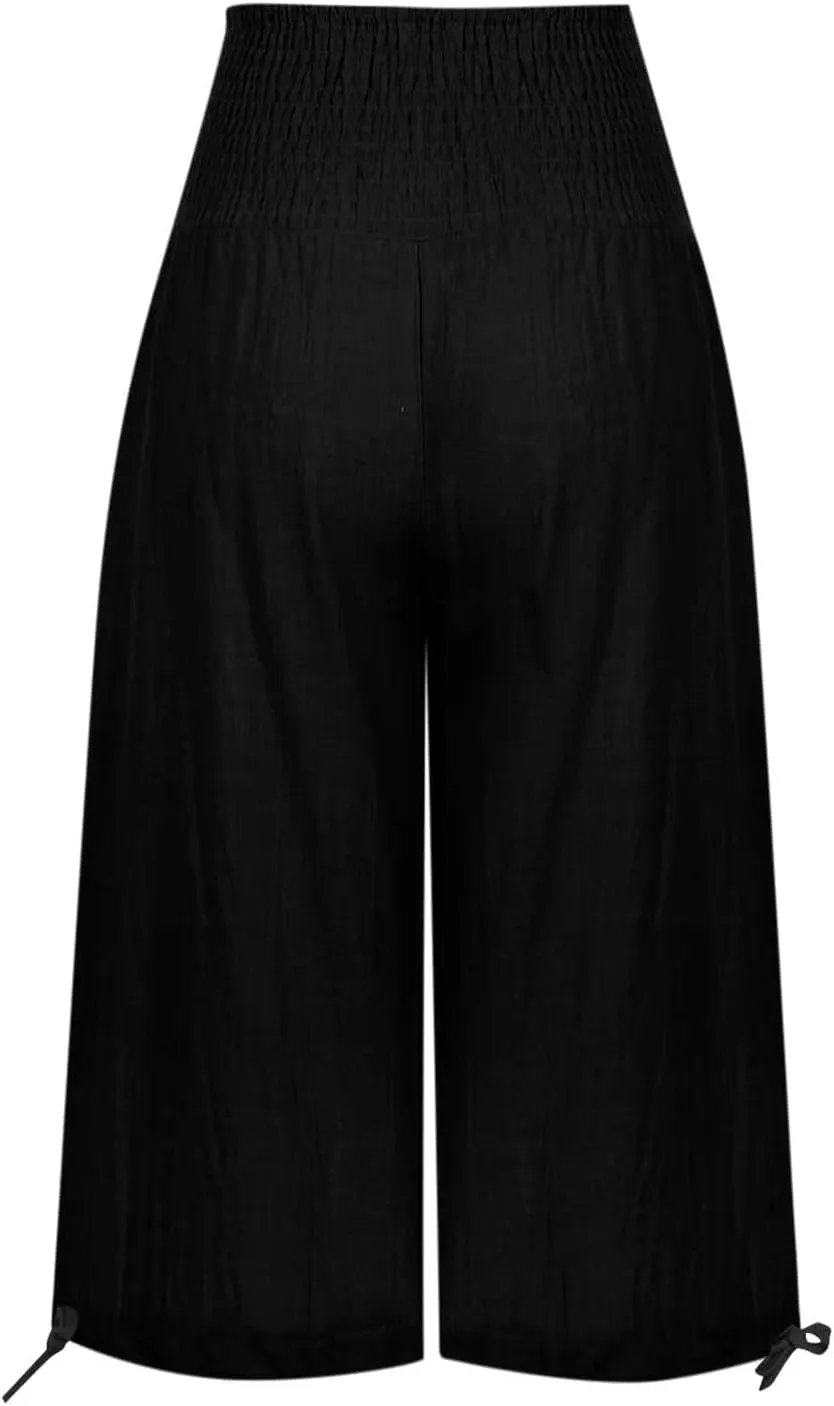 Women's Linen Palazzo Capris Loose 2025 Wide Leg Elastic High Waisted Straight Leg Pant Pocketed Flared Trousers