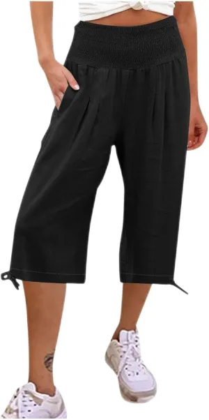 Women's Linen Palazzo Capris Loose 2025 Wide Leg Elastic High Waisted Straight Leg Pant Pocketed Flared Trousers
