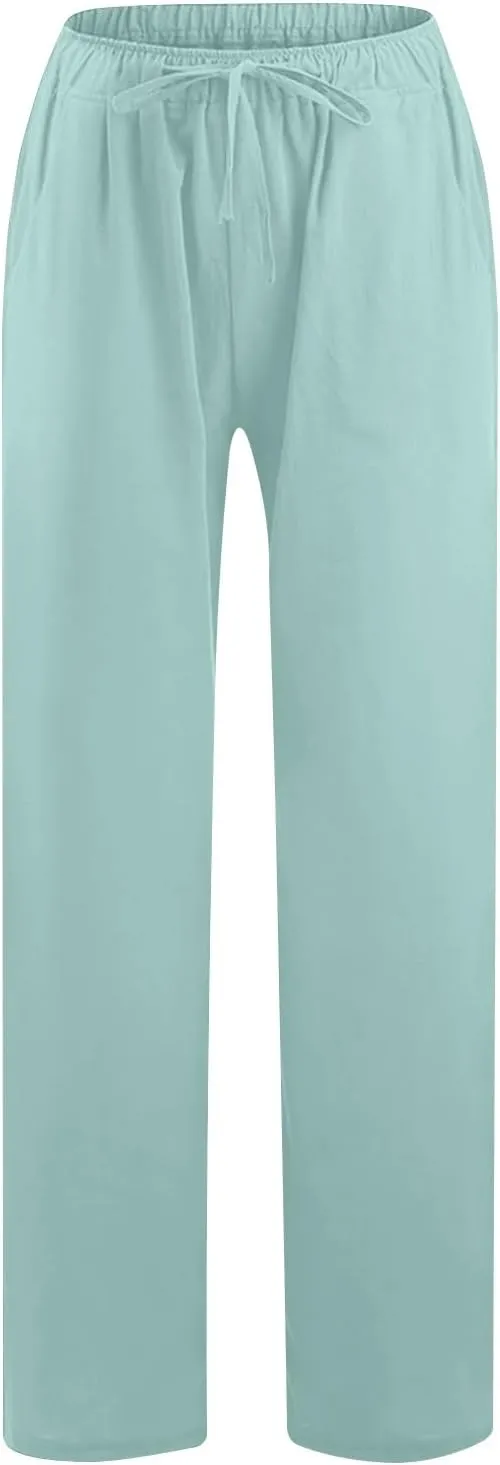 Women's Linen Palazzo Pants 2025 Summer Casual Drawstring High Waist Wide Leg Pants Flowy Beach Trousers Outfits