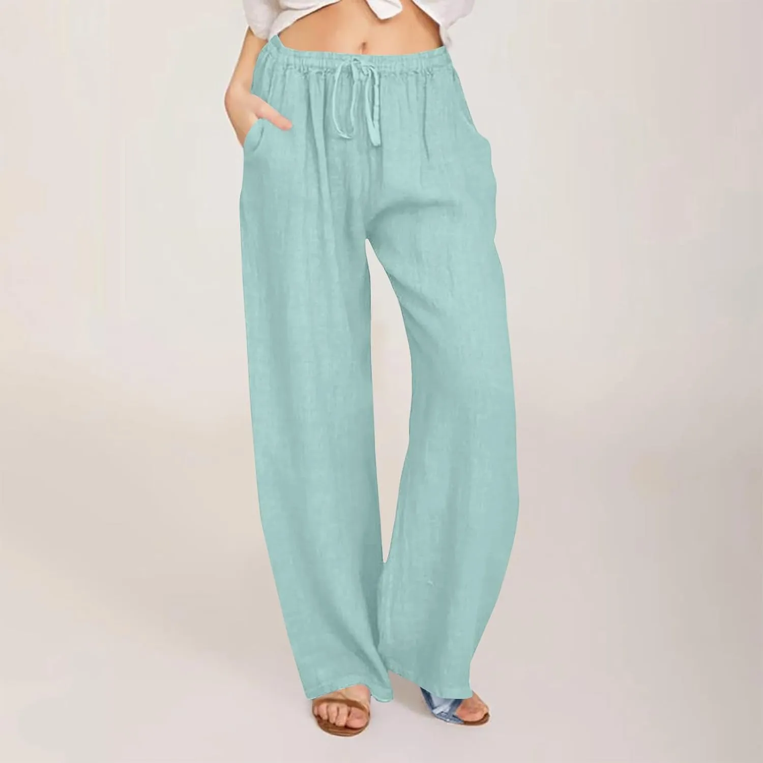 Women's Linen Palazzo Pants 2025 Summer Casual Drawstring High Waist Wide Leg Pants Flowy Beach Trousers Outfits