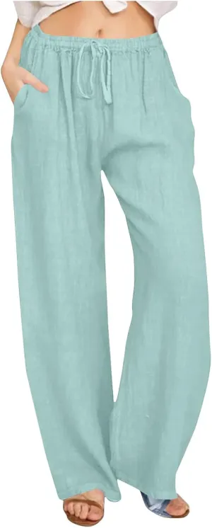 Women's Linen Palazzo Pants 2025 Summer Casual Drawstring High Waist Wide Leg Pants Flowy Beach Trousers Outfits
