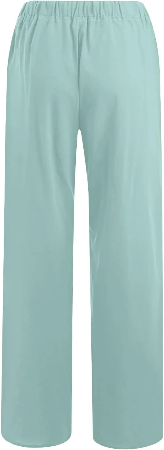 Women's Linen Palazzo Pants 2025 Summer Casual Drawstring High Waist Wide Leg Pants Flowy Beach Trousers Outfits