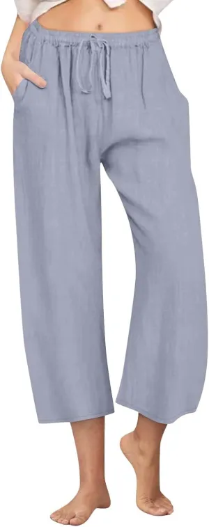 Womens Linen Pants Casual Lightweight Drawstring Elastic Waist Pants Summer Loose Straight Leg Trousers