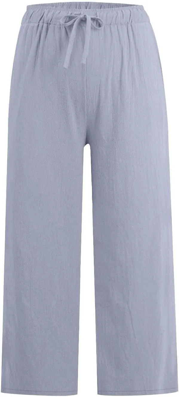 Womens Linen Pants Casual Lightweight Drawstring Elastic Waist Pants Summer Loose Straight Leg Trousers