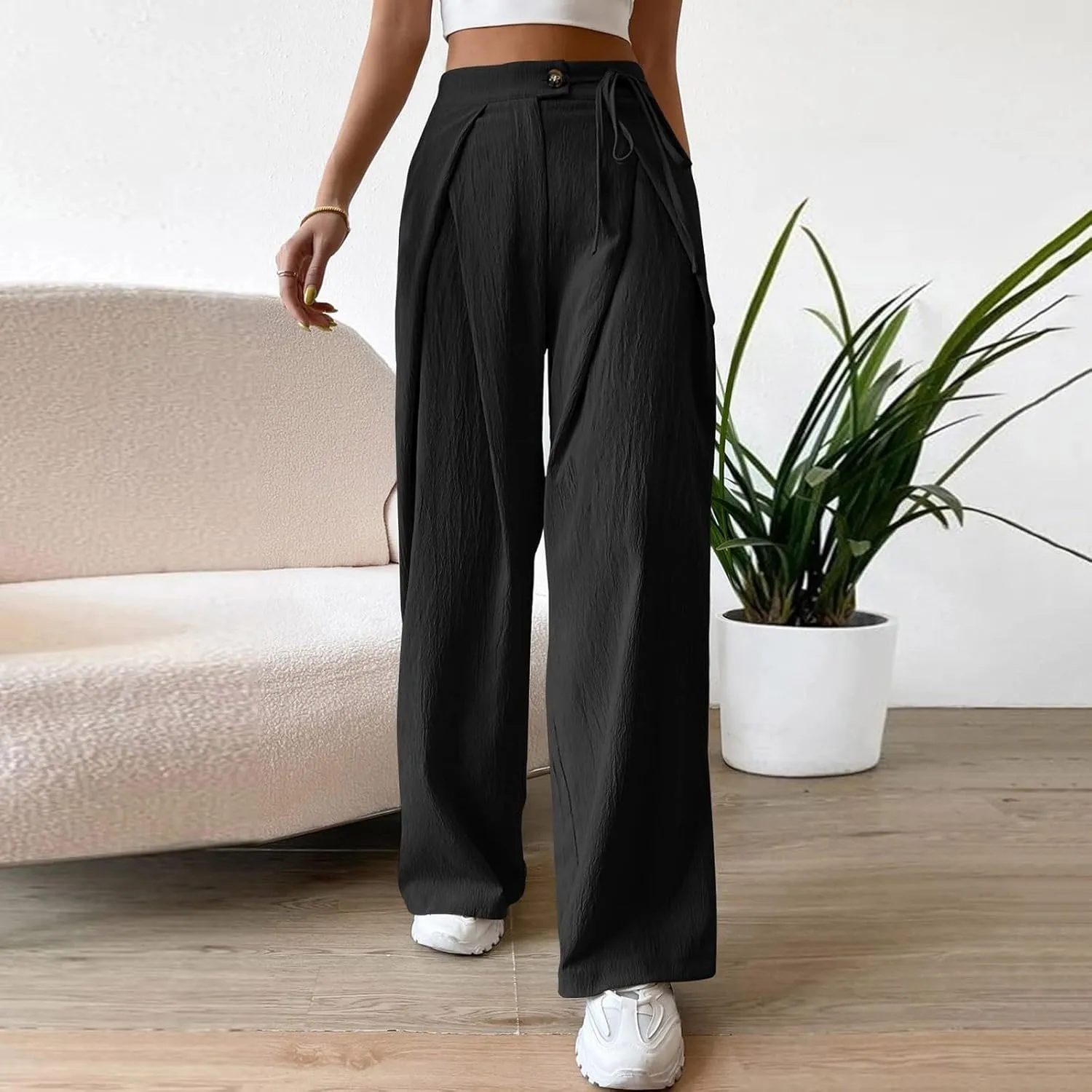 Women's Linen Pants Elastic High Waist Wide Leg Lounge Trousers Summer Loose Fit Beach Pant with Pockets 2025