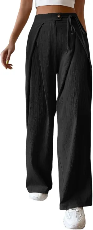 Women's Linen Pants Elastic High Waist Wide Leg Lounge Trousers Summer Loose Fit Beach Pant with Pockets 2025