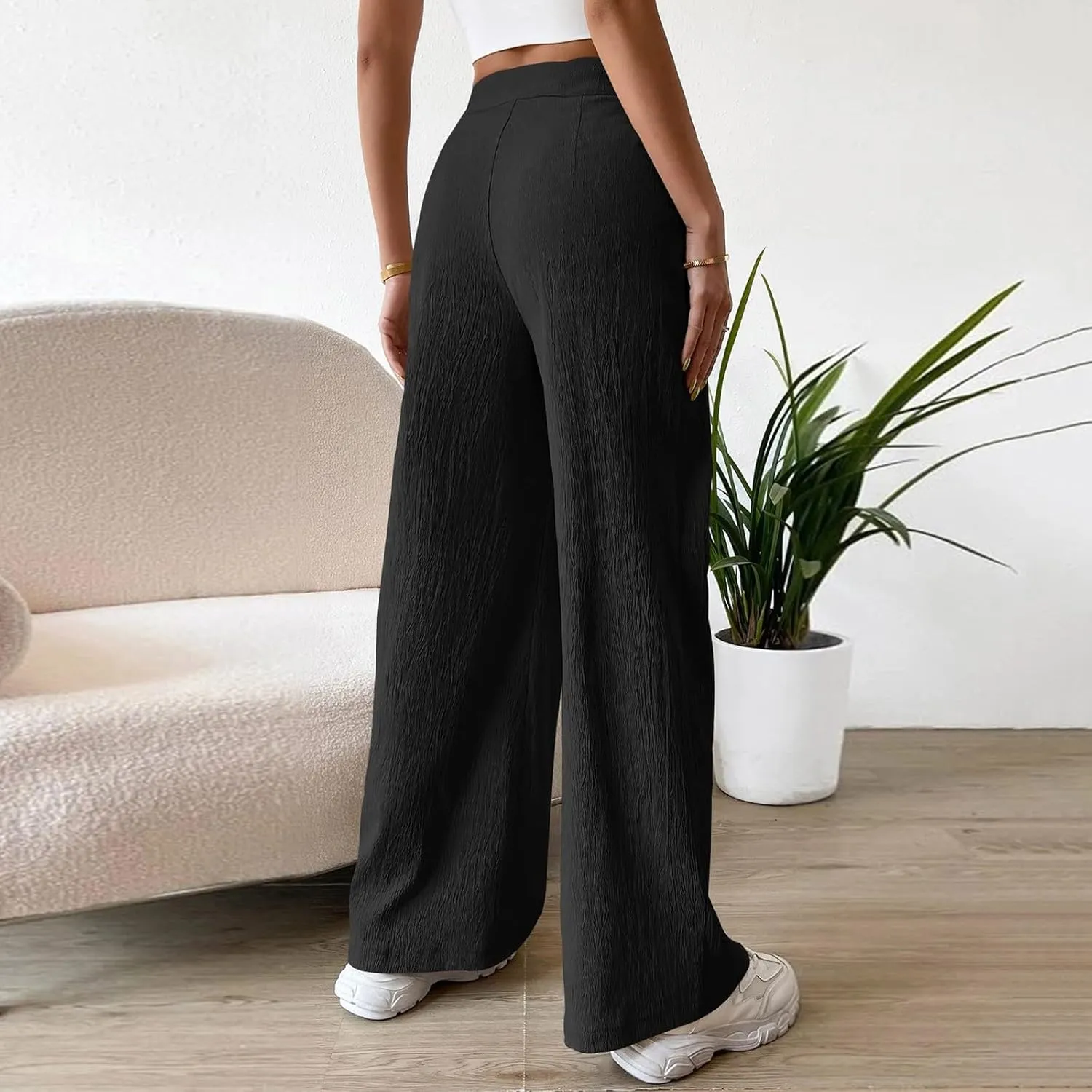 Women's Linen Pants Elastic High Waist Wide Leg Lounge Trousers Summer Loose Fit Beach Pant with Pockets 2025