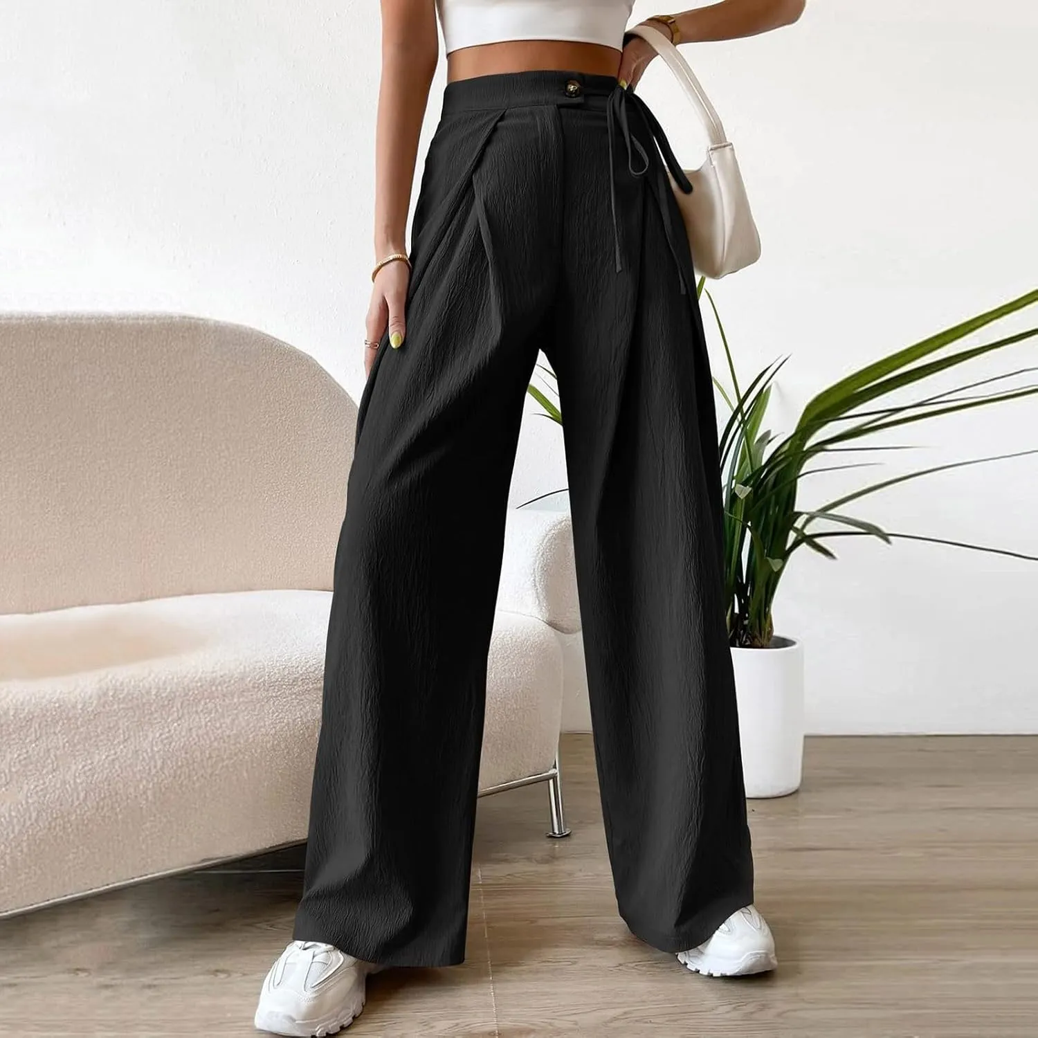 Women's Linen Pants Elastic High Waist Wide Leg Lounge Trousers Summer Loose Fit Beach Pant with Pockets 2025