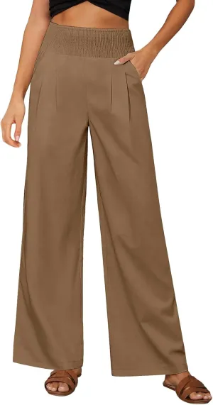Womens Linen Solid Palazzo Pants Elastic high Waisted Wide Leg Pant Summer Comfy Trousers Vacation Outfits