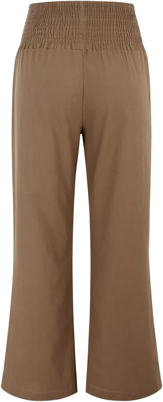 Womens Linen Solid Palazzo Pants Elastic high Waisted Wide Leg Pant Summer Comfy Trousers Vacation Outfits